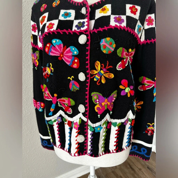Michael Simon Butterfly Bugs Colorful Pop Art Knit Cardigan Sweater S-M Women - Picture 2 of 11